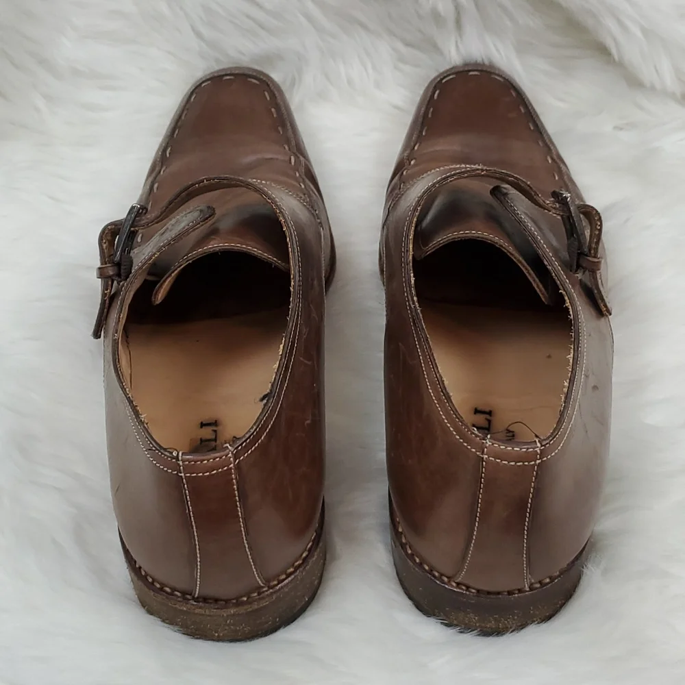Canali Brown Leather Oxford Buckle Shoes 45.5 11.5  Made Italy Designer Dress